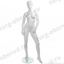 Манекен женский стилизованный, скульптурный белый, для одежды в полный рост, стоячий прямо, левая нога немного выдвинута вперед. MD-Kristy Pose 04